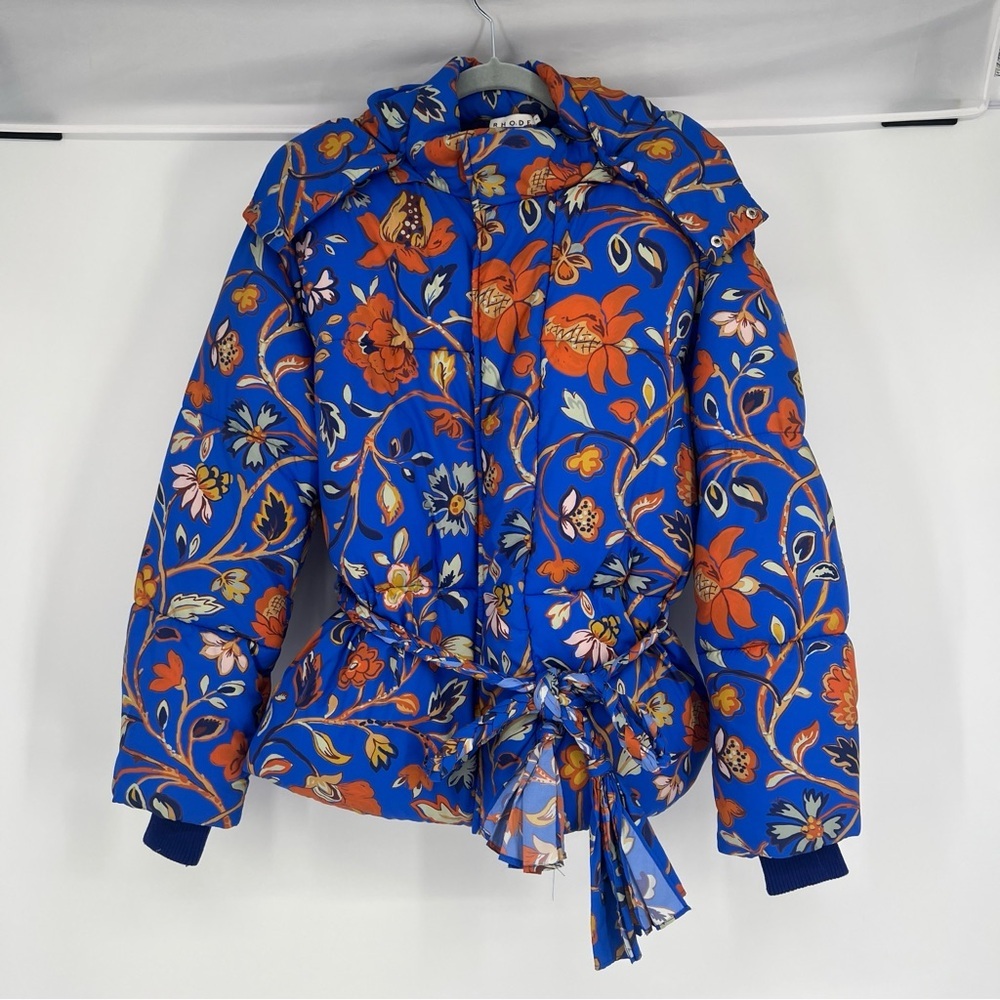 RHODE Blue Orange Floral Wrap Hooded Winter Designer Boho Puffer Coat Small NWOT - Picture 1 of 8